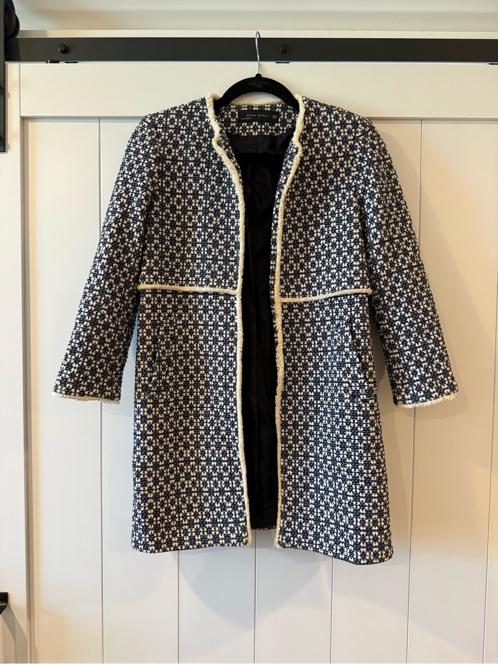 Zara Navy and White Tweed Mid-Length Trench Coat